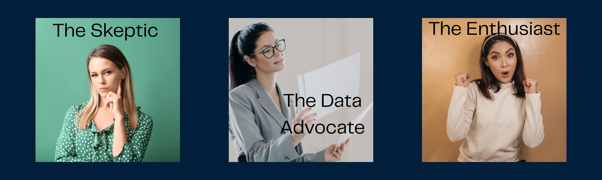 The image shows three people, one who is skeptical, one who is looking thoughtfully at a report, and another that is enthusiastically pumping their fist.